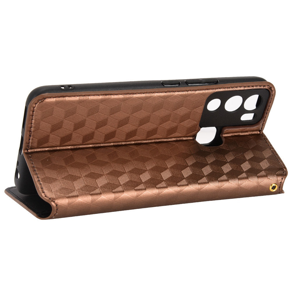 For Infinix Hot 12i 4G X665 Imprinted Rhombus Pattern Magnetic Absorption Leather Case Viewing Stand Shockproof Flip Wallet Cover