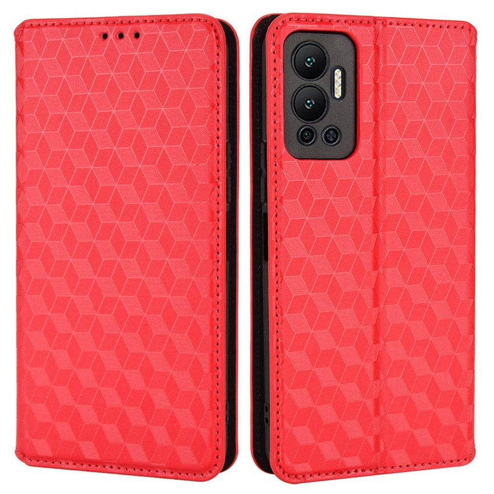 For Infinix Hot 12 4G X6817 PU Leather Flip Wallet Case Stand Feature Imprinted Rhombus Pattern Magnetic Auto Closing Cover