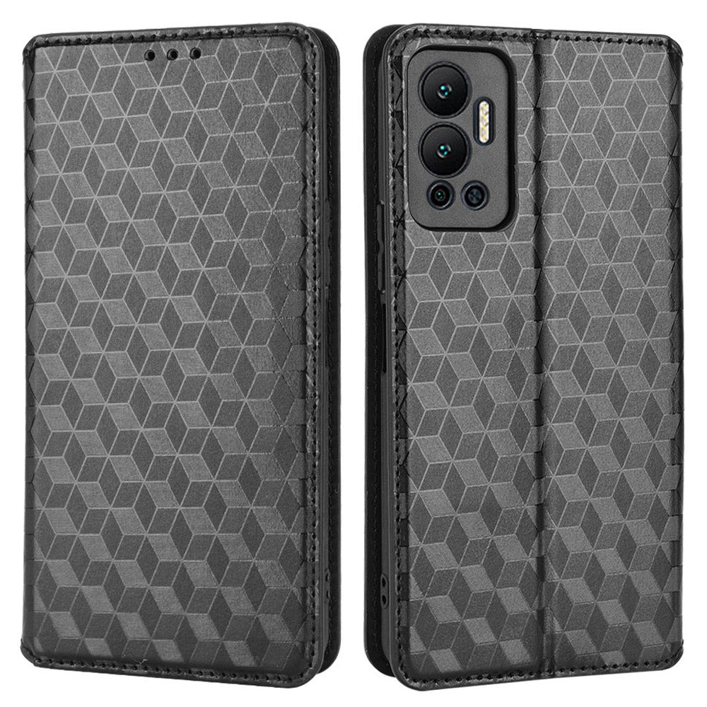For Infinix Hot 12 4G X6817 PU Leather Flip Wallet Case Stand Feature Imprinted Rhombus Pattern Magnetic Auto Closing Cover