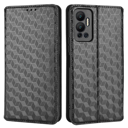 For Infinix Hot 12 4G X6817 PU Leather Flip Wallet Case Stand Feature Imprinted Rhombus Pattern Magnetic Auto Closing Cover