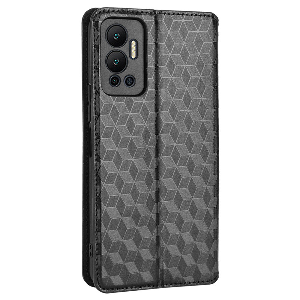 For Infinix Hot 12 4G X6817 PU Leather Flip Wallet Case Stand Feature Imprinted Rhombus Pattern Magnetic Auto Closing Cover