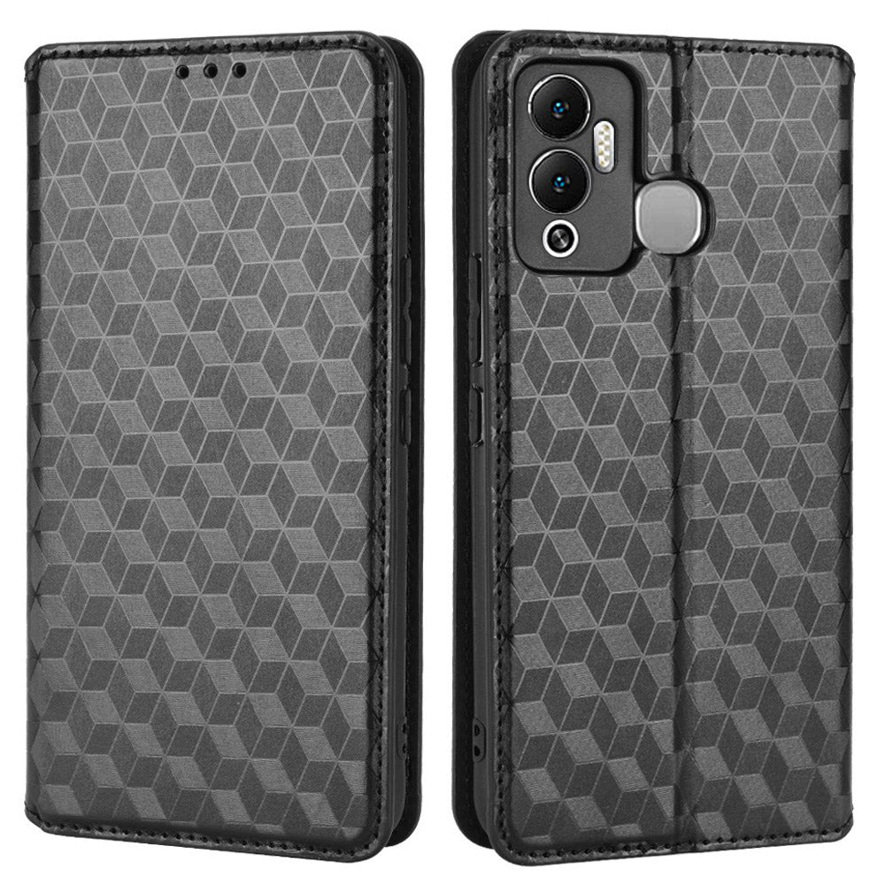 For Infinix Hot 12 Play 4G X6816C/Hot 12 Play NFC 4G PU Leather Wallet Case Rhombus Pattern Imprinted Magnetic Absorption Flip Folio Stand Cover