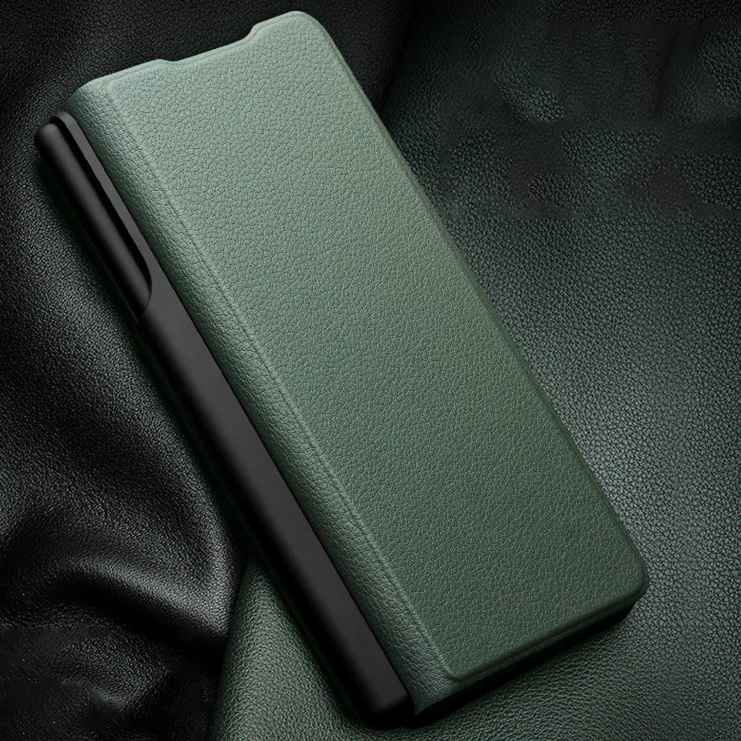 QIALINO For Samsung Galaxy Z Fold3 5G Nappa Texture Genuine Leather Anti-drop Phone Case Folio Flip Protective Cover with Pen Holder