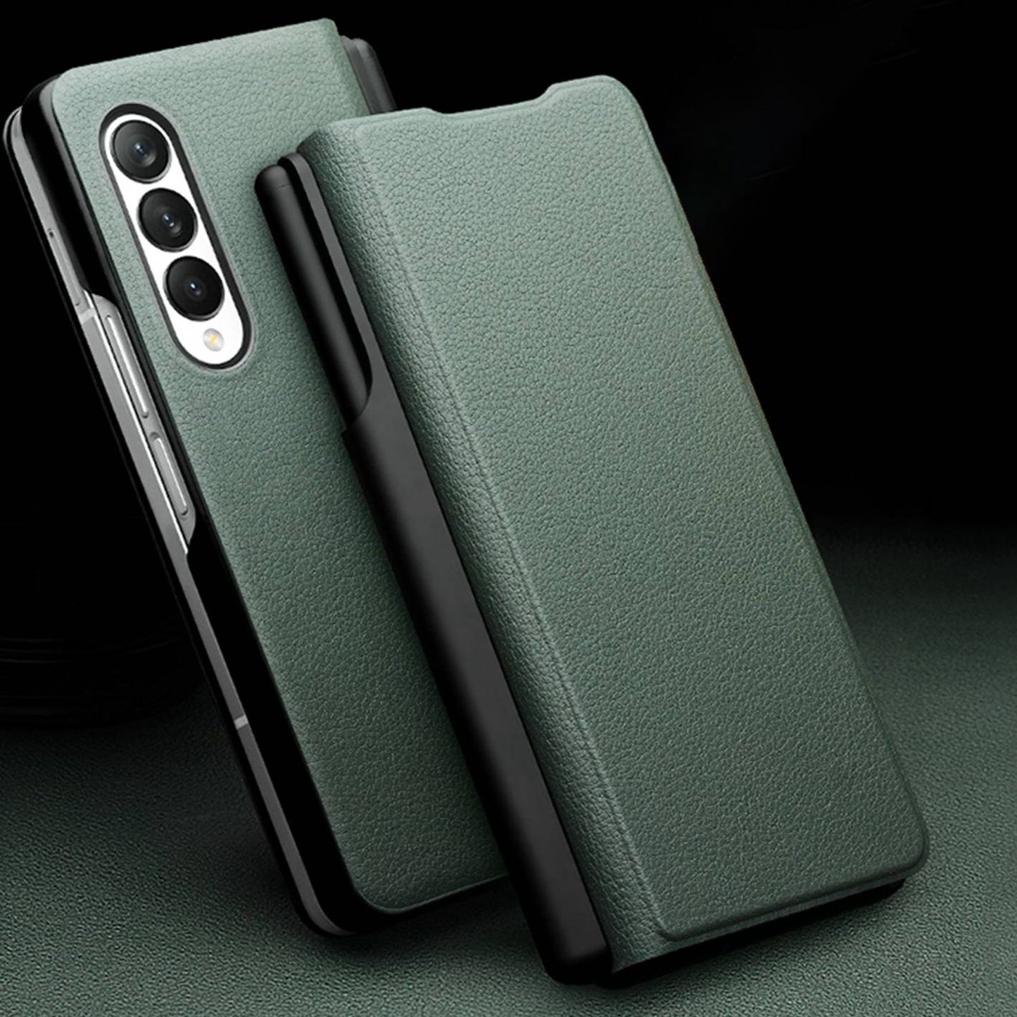 QIALINO For Samsung Galaxy Z Fold3 5G Nappa Texture Genuine Leather Anti-drop Phone Case Folio Flip Protective Cover with Pen Holder
