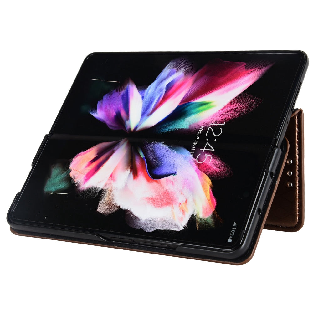 For Samsung Galaxy Z Fold3 5G Imprinting Rhombus Pattern Stand Wallet Leather Case Anti-drop Phone Cover