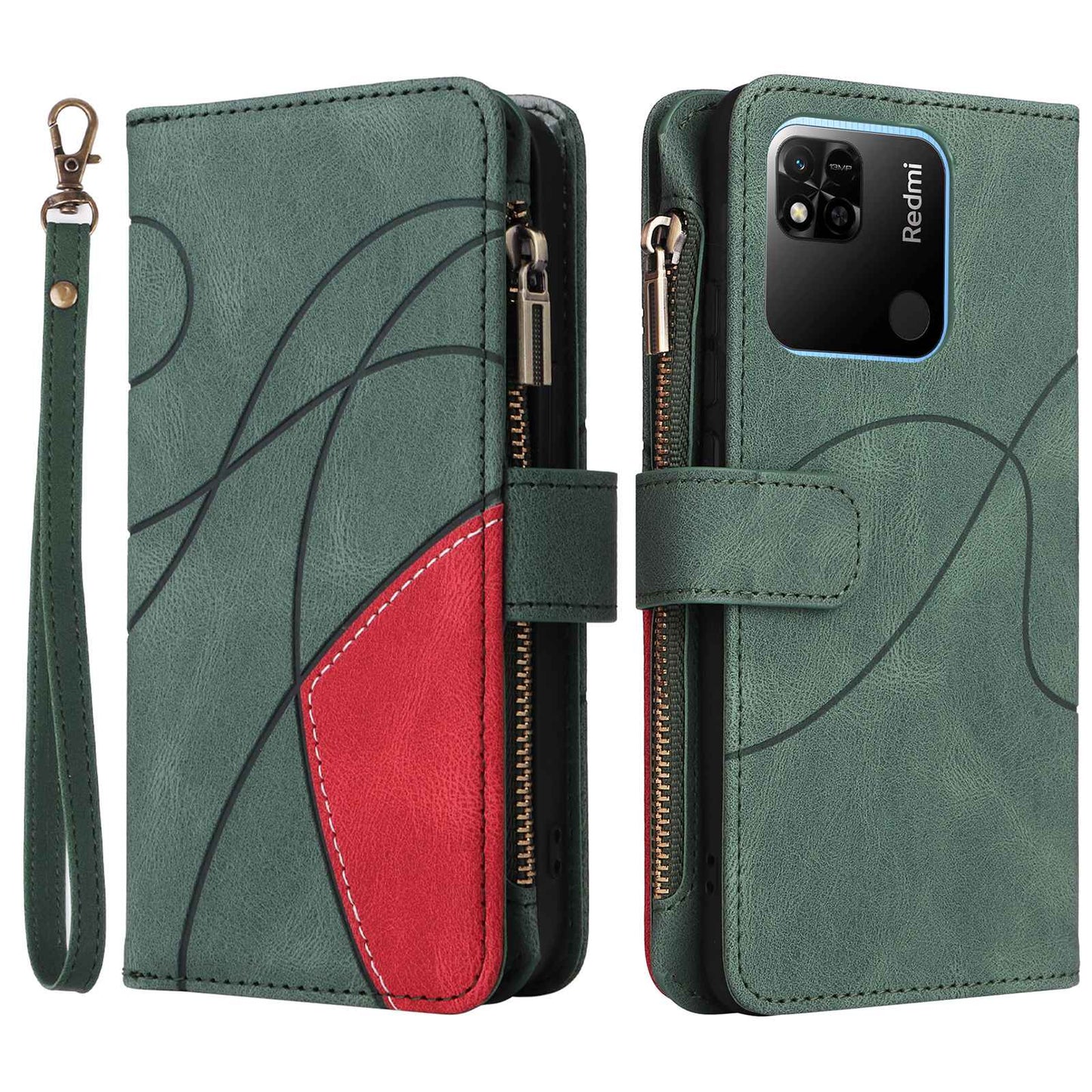 For Xiaomi Redmi 10A Zipper Wallet Multiple Card Slots PU Leather Stand Case Color Splicing Phone Cover