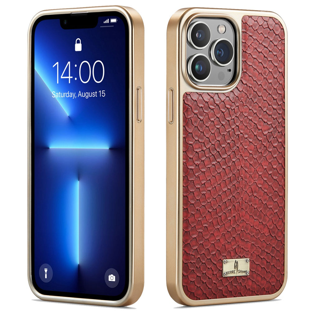 FIERRE SHANN for iPhone 13 Pro 6.1 inch Snake Texture Shock Absorbing PU Leather Coated PC Back Shell Electroplating Edge Mobile Phone Cover