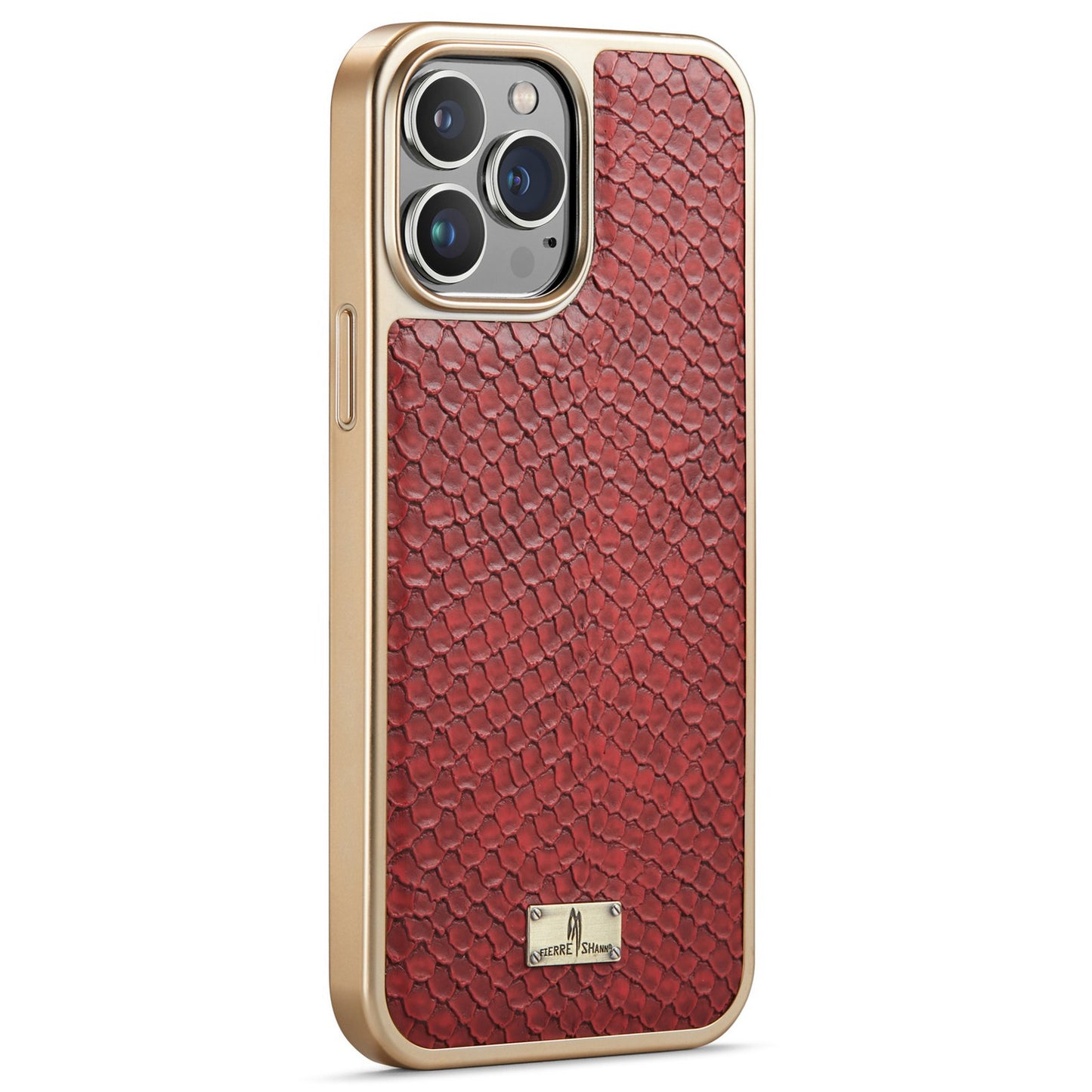 FIERRE SHANN for iPhone 13 Pro 6.1 inch Snake Texture Shock Absorbing PU Leather Coated PC Back Shell Electroplating Edge Mobile Phone Cover