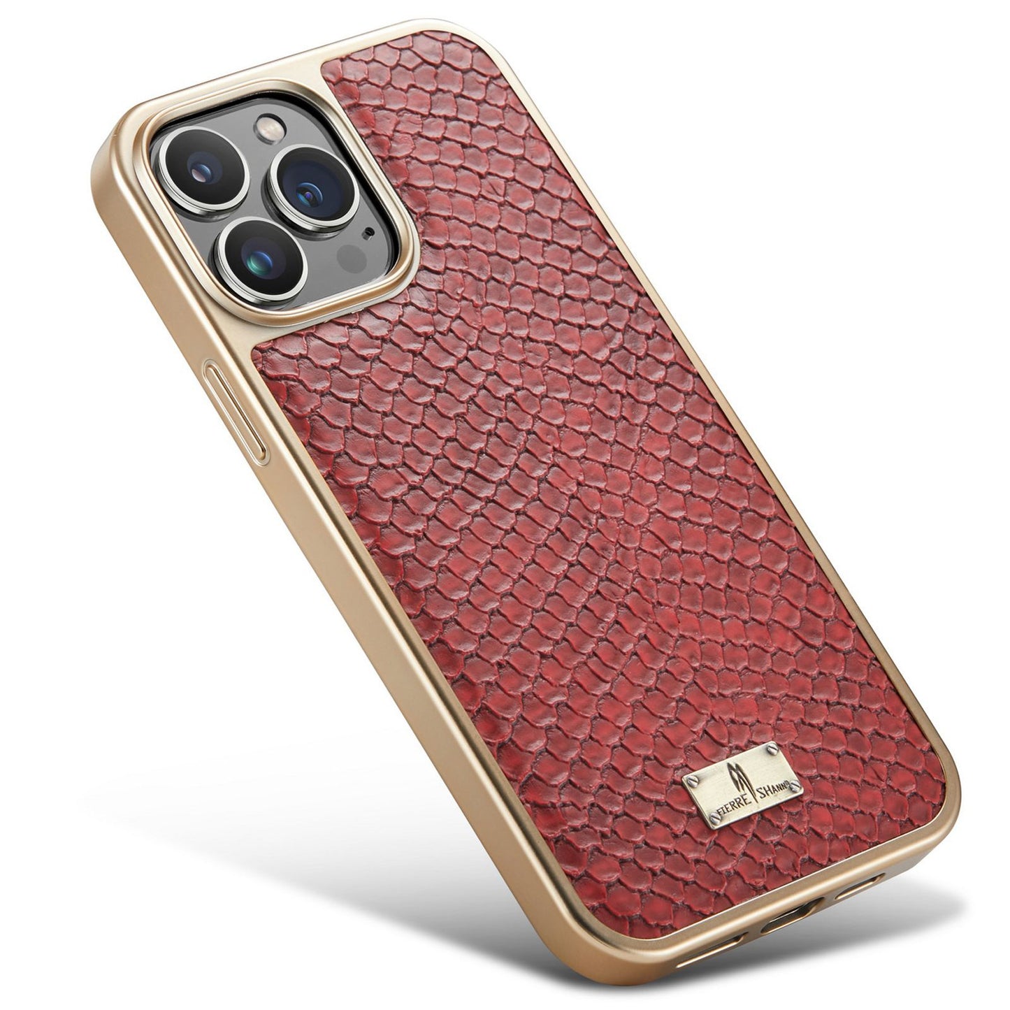FIERRE SHANN for iPhone 13 Pro 6.1 inch Snake Texture Shock Absorbing PU Leather Coated PC Back Shell Electroplating Edge Mobile Phone Cover