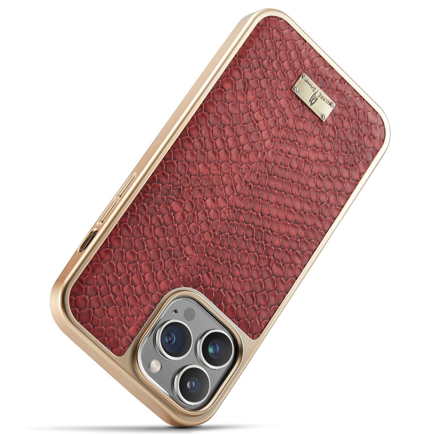 FIERRE SHANN for iPhone 13 Pro 6.1 inch Snake Texture Shock Absorbing PU Leather Coated PC Back Shell Electroplating Edge Mobile Phone Cover
