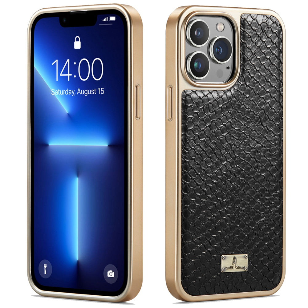 FIERRE SHANN for iPhone 13 Pro 6.1 inch Snake Texture Shock Absorbing PU Leather Coated PC Back Shell Electroplating Edge Mobile Phone Cover