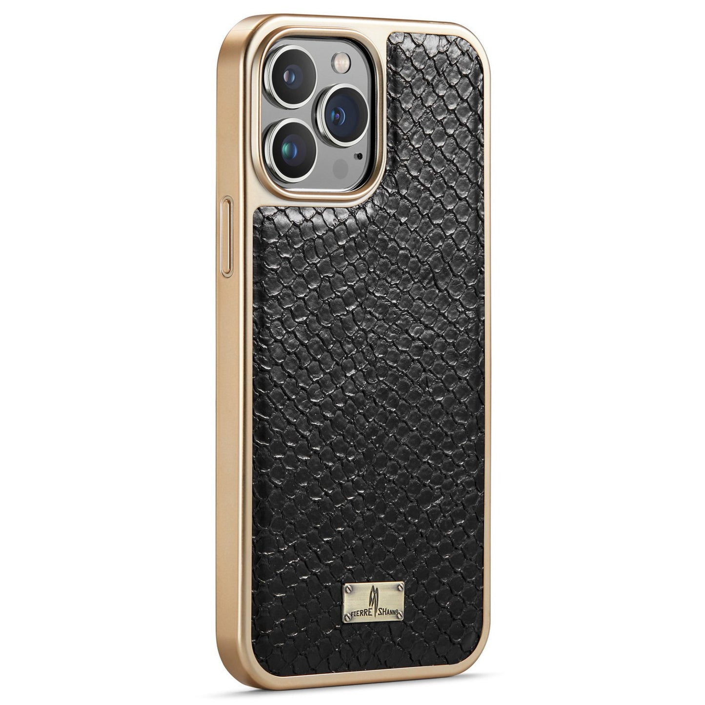 FIERRE SHANN for iPhone 13 Pro 6.1 inch Snake Texture Shock Absorbing PU Leather Coated PC Back Shell Electroplating Edge Mobile Phone Cover
