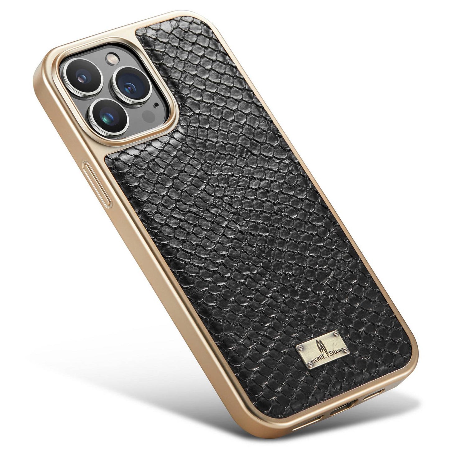 FIERRE SHANN for iPhone 13 Pro 6.1 inch Snake Texture Shock Absorbing PU Leather Coated PC Back Shell Electroplating Edge Mobile Phone Cover