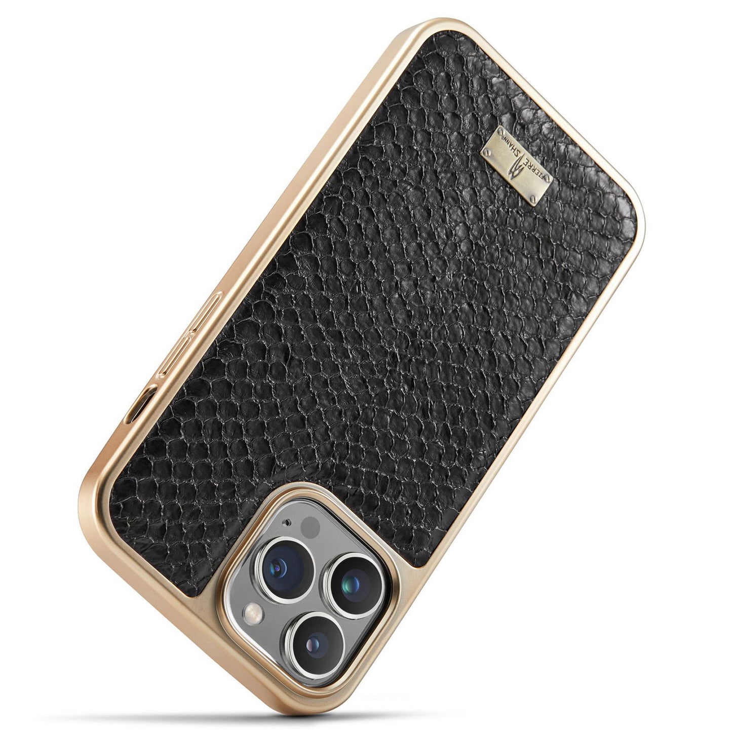 FIERRE SHANN for iPhone 13 Pro 6.1 inch Snake Texture Shock Absorbing PU Leather Coated PC Back Shell Electroplating Edge Mobile Phone Cover