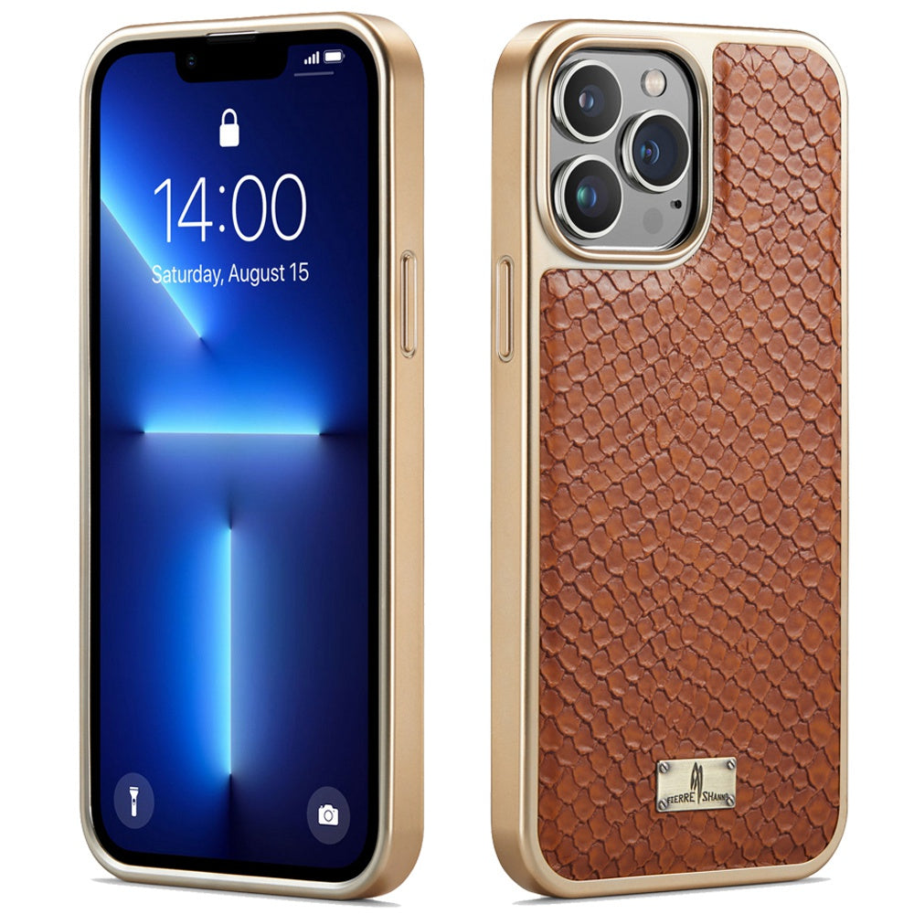FIERRE SHANN for iPhone 13 Pro 6.1 inch Snake Texture Shock Absorbing PU Leather Coated PC Back Shell Electroplating Edge Mobile Phone Cover