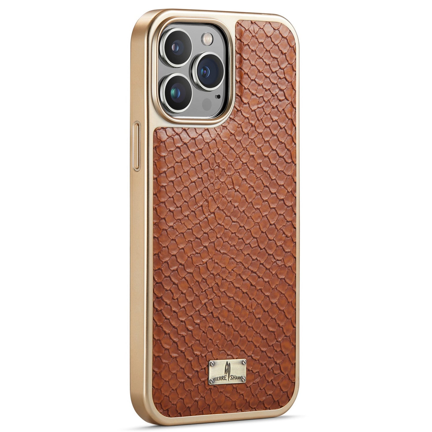 FIERRE SHANN for iPhone 13 Pro 6.1 inch Snake Texture Shock Absorbing PU Leather Coated PC Back Shell Electroplating Edge Mobile Phone Cover