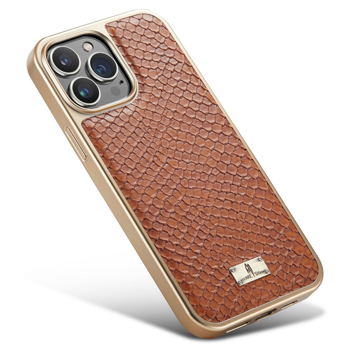 FIERRE SHANN for iPhone 13 Pro 6.1 inch Snake Texture Shock Absorbing PU Leather Coated PC Back Shell Electroplating Edge Mobile Phone Cover