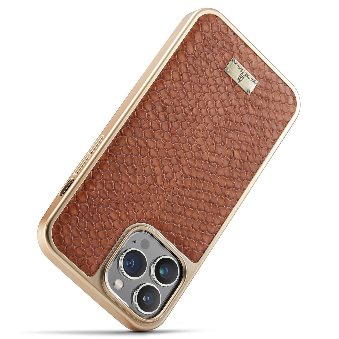 FIERRE SHANN for iPhone 13 Pro 6.1 inch Snake Texture Shock Absorbing PU Leather Coated PC Back Shell Electroplating Edge Mobile Phone Cover