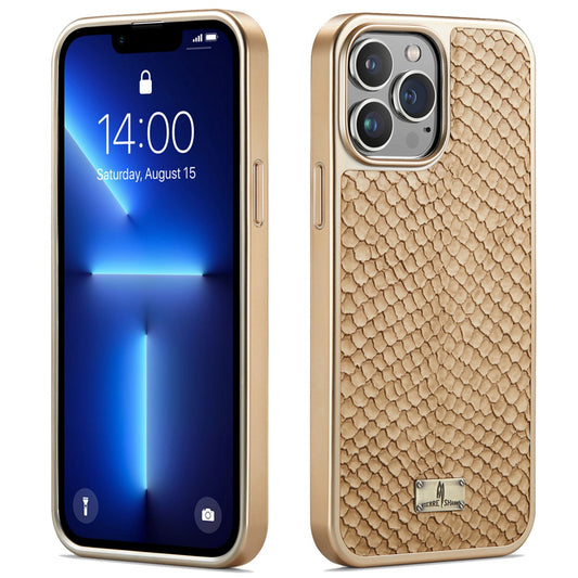 FIERRE SHANN for iPhone 13 Pro 6.1 inch Snake Texture Shock Absorbing PU Leather Coated PC Back Shell Electroplating Edge Mobile Phone Cover
