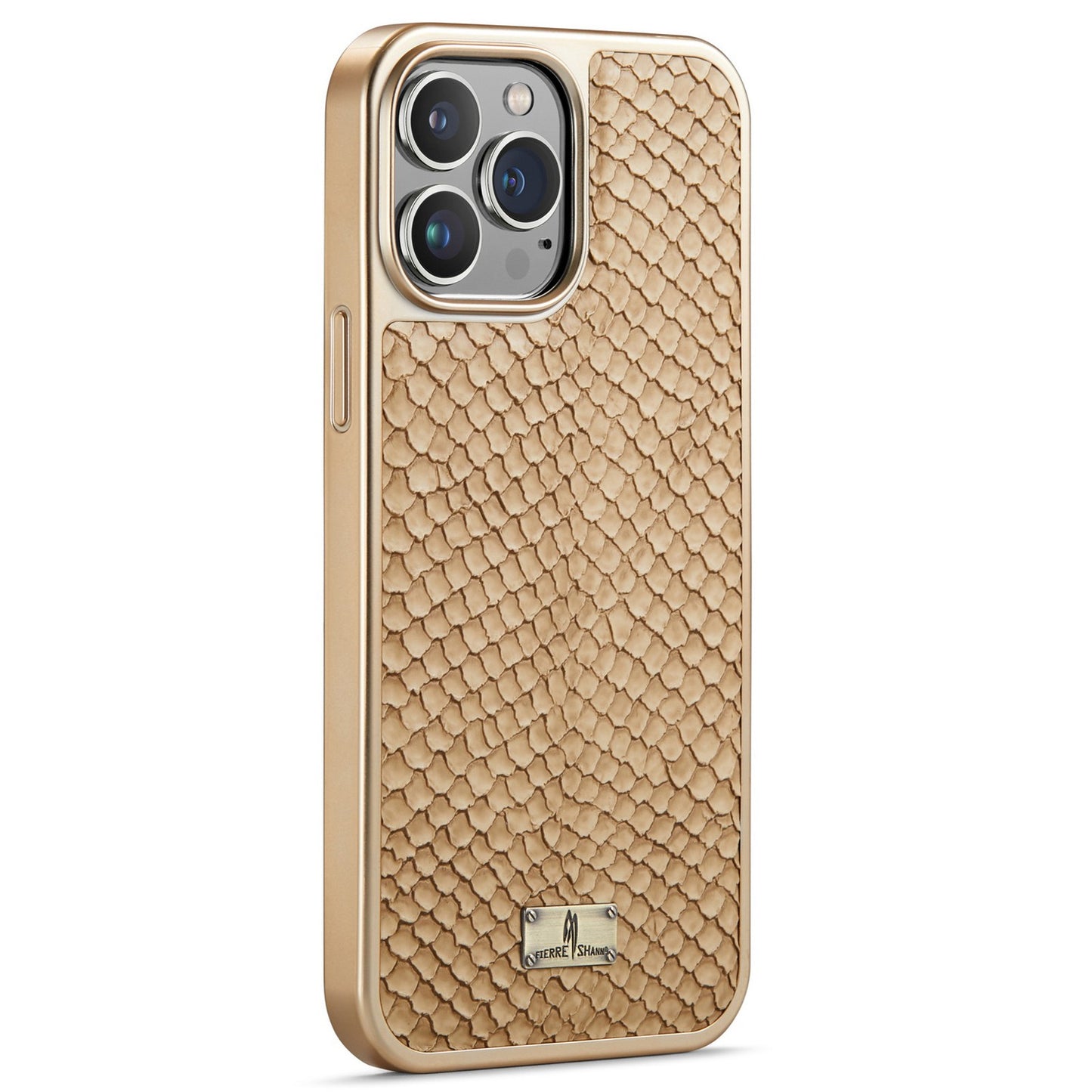 FIERRE SHANN for iPhone 13 Pro 6.1 inch Snake Texture Shock Absorbing PU Leather Coated PC Back Shell Electroplating Edge Mobile Phone Cover