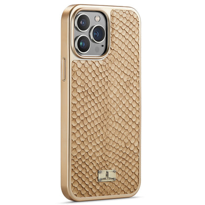 FIERRE SHANN for iPhone 13 Pro 6.1 inch Snake Texture Shock Absorbing PU Leather Coated PC Back Shell Electroplating Edge Mobile Phone Cover
