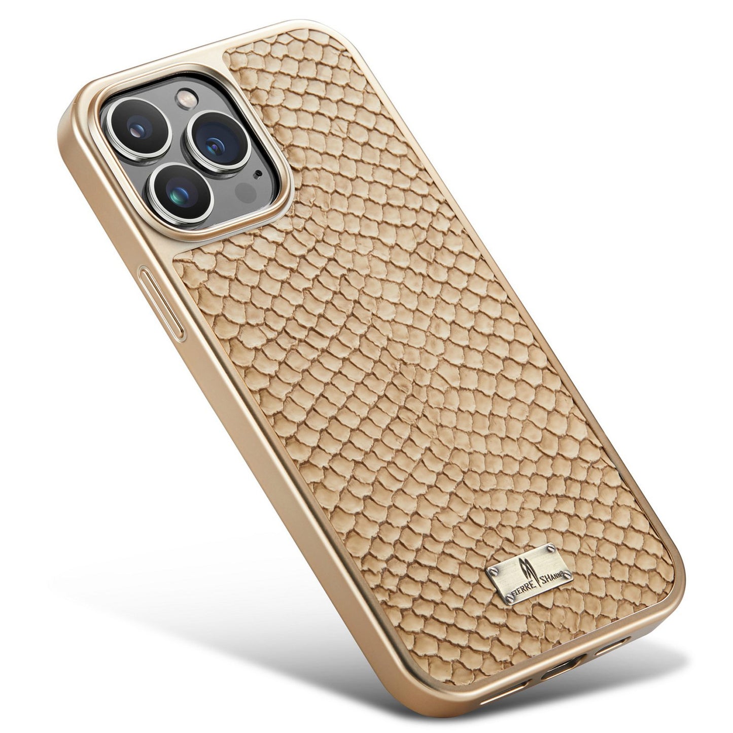 FIERRE SHANN for iPhone 13 Pro 6.1 inch Snake Texture Shock Absorbing PU Leather Coated PC Back Shell Electroplating Edge Mobile Phone Cover