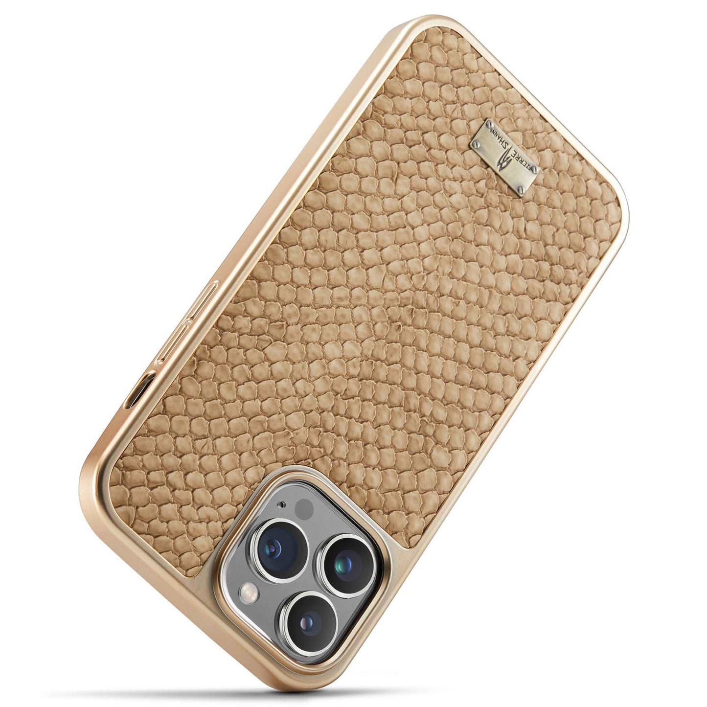 FIERRE SHANN for iPhone 13 Pro 6.1 inch Snake Texture Shock Absorbing PU Leather Coated PC Back Shell Electroplating Edge Mobile Phone Cover