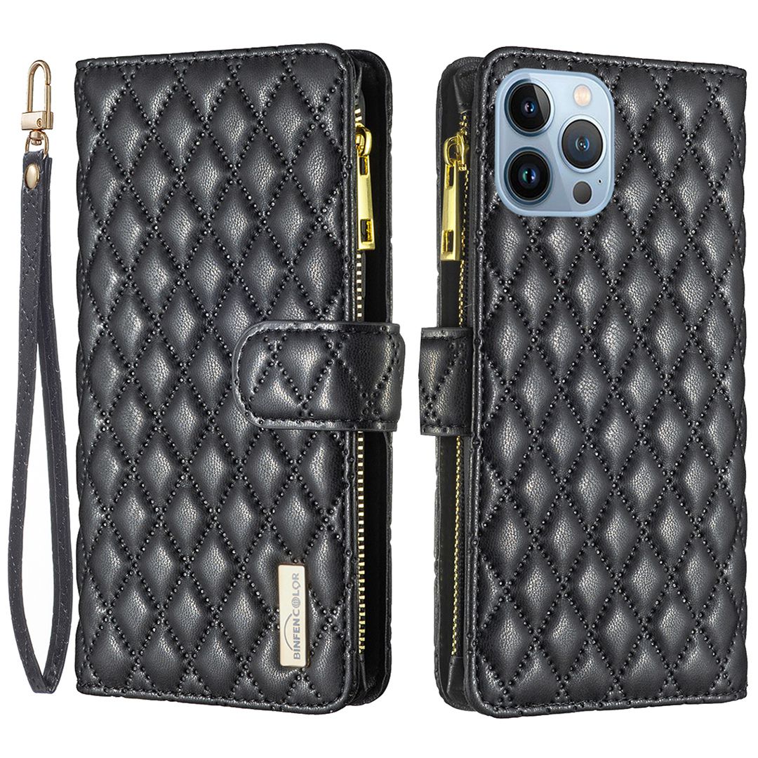 BINFEN COLOR for iPhone 13 Pro 6.1 inch BF Style-15 Cellphone Shell, Imprinted Rhombus Pattern Anti-drop Case with Zipper Pocket Stand Matte PU Leather Wallet Cover
