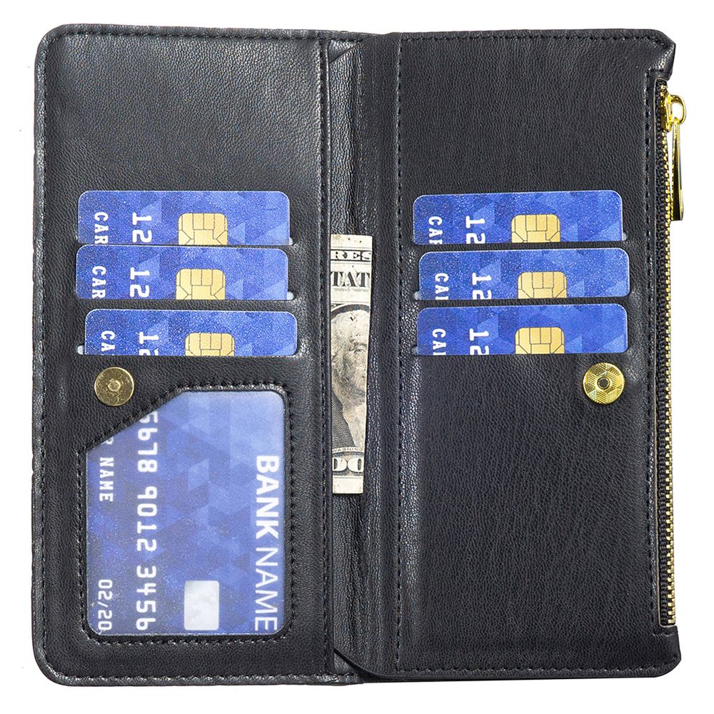 BINFEN COLOR for iPhone 13 Pro 6.1 inch BF Style-15 Cellphone Shell, Imprinted Rhombus Pattern Anti-drop Case with Zipper Pocket Stand Matte PU Leather Wallet Cover