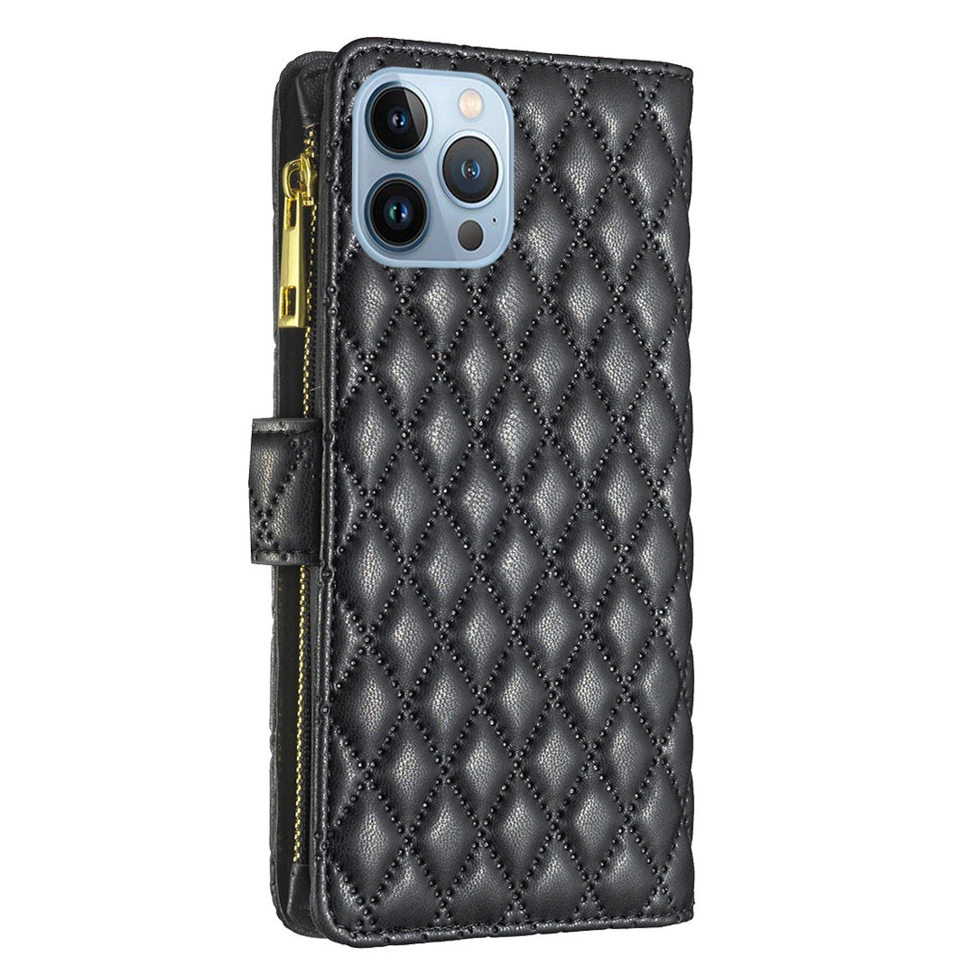 BINFEN COLOR for iPhone 13 Pro 6.1 inch BF Style-15 Cellphone Shell, Imprinted Rhombus Pattern Anti-drop Case with Zipper Pocket Stand Matte PU Leather Wallet Cover