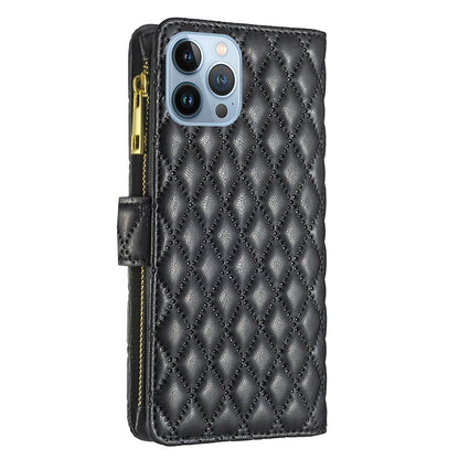 BINFEN COLOR for iPhone 13 Pro 6.1 inch BF Style-15 Cellphone Shell, Imprinted Rhombus Pattern Anti-drop Case with Zipper Pocket Stand Matte PU Leather Wallet Cover