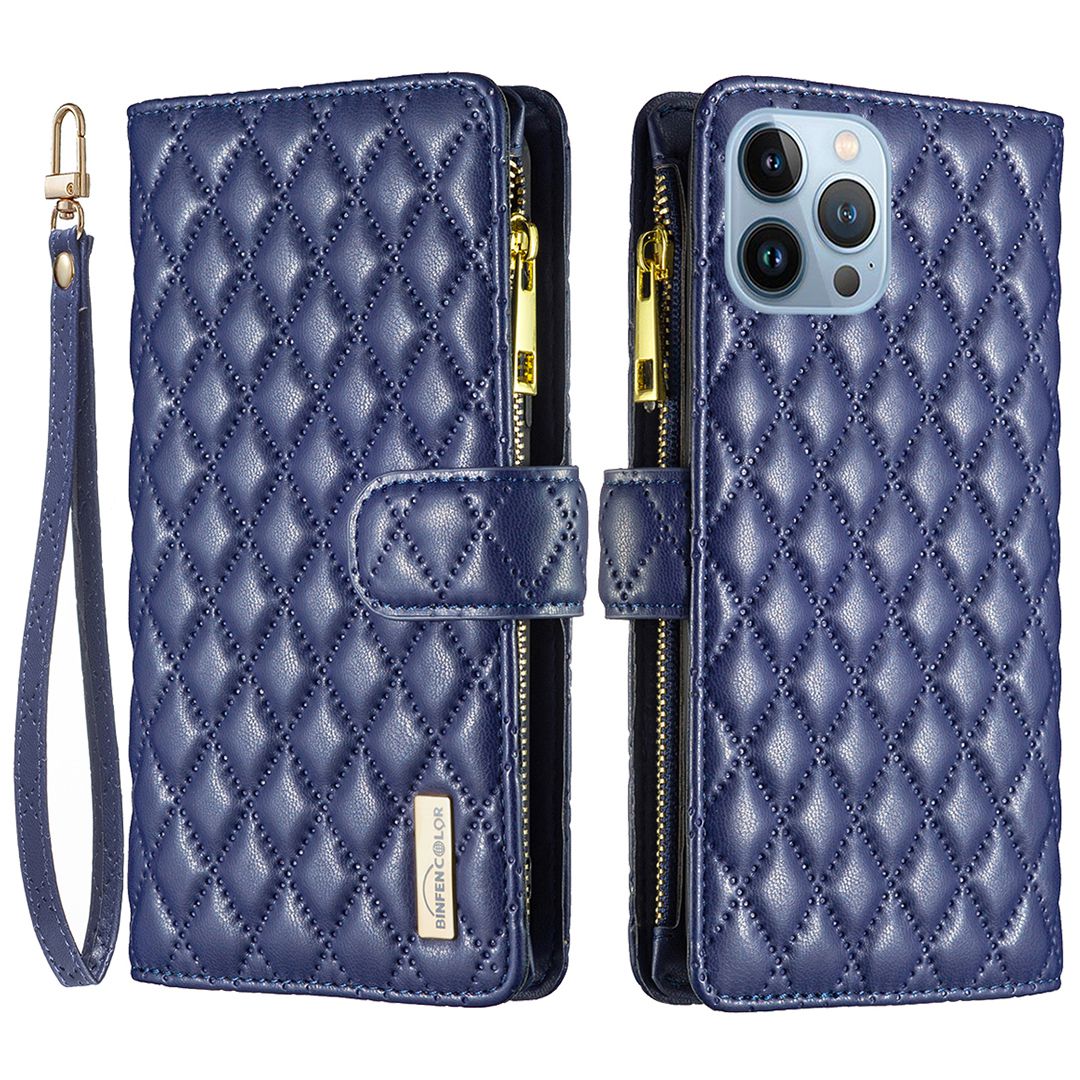 BINFEN COLOR for iPhone 13 Pro 6.1 inch BF Style-15 Cellphone Shell, Imprinted Rhombus Pattern Anti-drop Case with Zipper Pocket Stand Matte PU Leather Wallet Cover