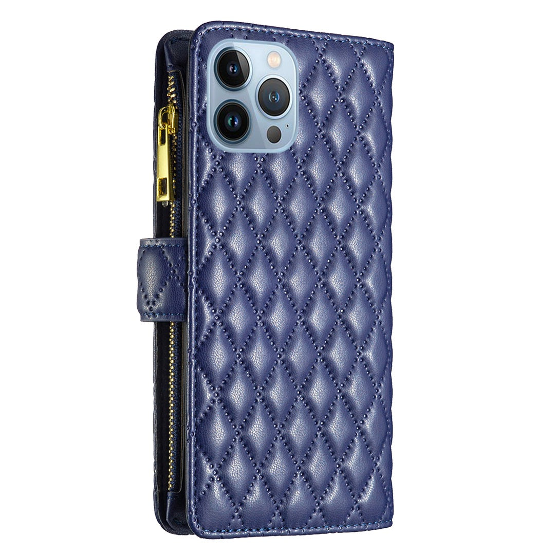 BINFEN COLOR for iPhone 13 Pro 6.1 inch BF Style-15 Cellphone Shell, Imprinted Rhombus Pattern Anti-drop Case with Zipper Pocket Stand Matte PU Leather Wallet Cover