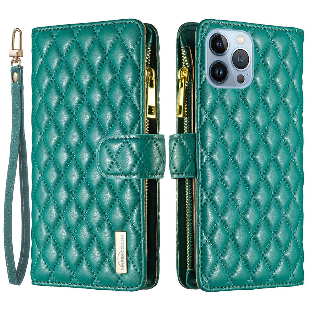 BINFEN COLOR for iPhone 13 Pro 6.1 inch BF Style-15 Cellphone Shell, Imprinted Rhombus Pattern Anti-drop Case with Zipper Pocket Stand Matte PU Leather Wallet Cover
