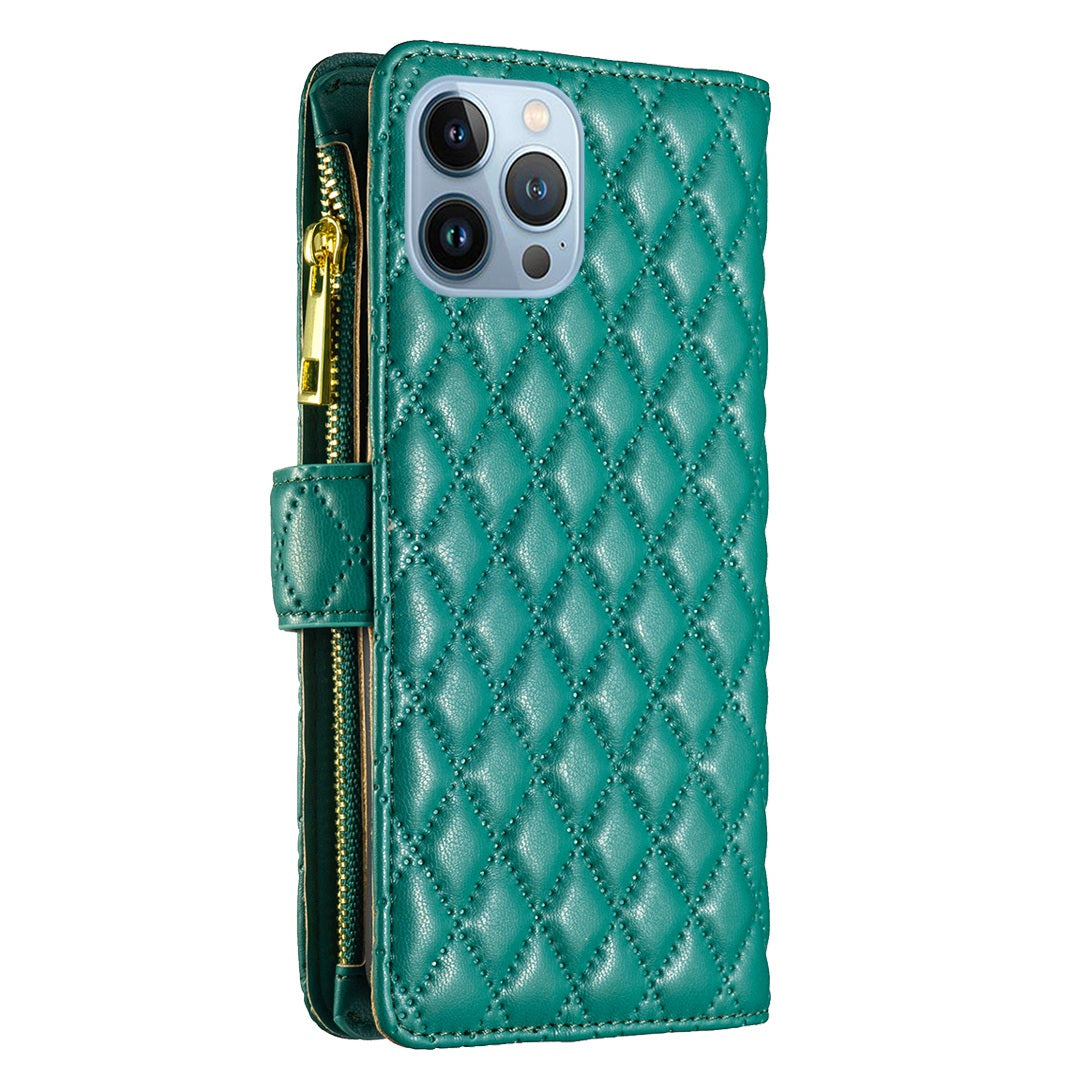 BINFEN COLOR for iPhone 13 Pro 6.1 inch BF Style-15 Cellphone Shell, Imprinted Rhombus Pattern Anti-drop Case with Zipper Pocket Stand Matte PU Leather Wallet Cover