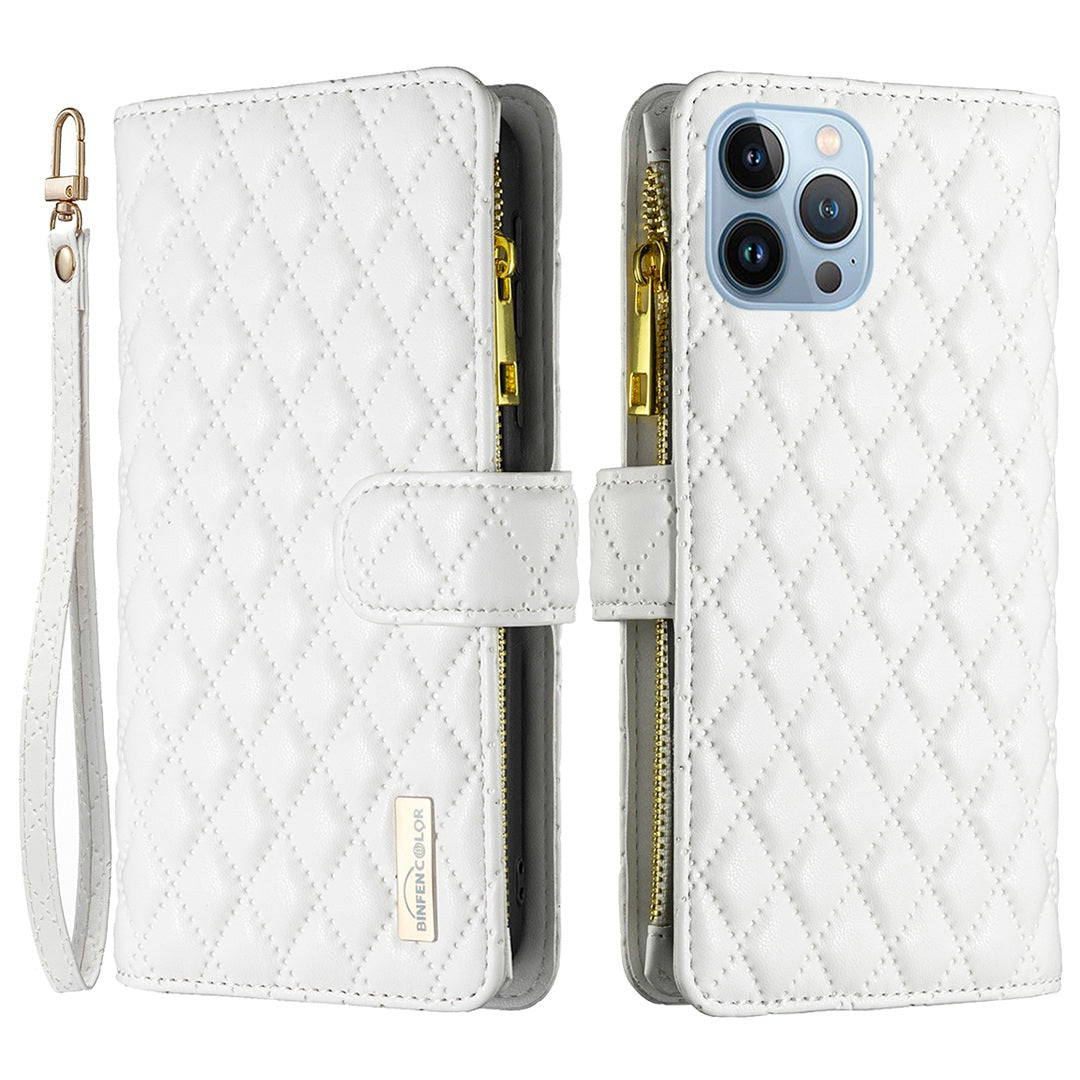 BINFEN COLOR for iPhone 13 Pro 6.1 inch BF Style-15 Cellphone Shell, Imprinted Rhombus Pattern Anti-drop Case with Zipper Pocket Stand Matte PU Leather Wallet Cover