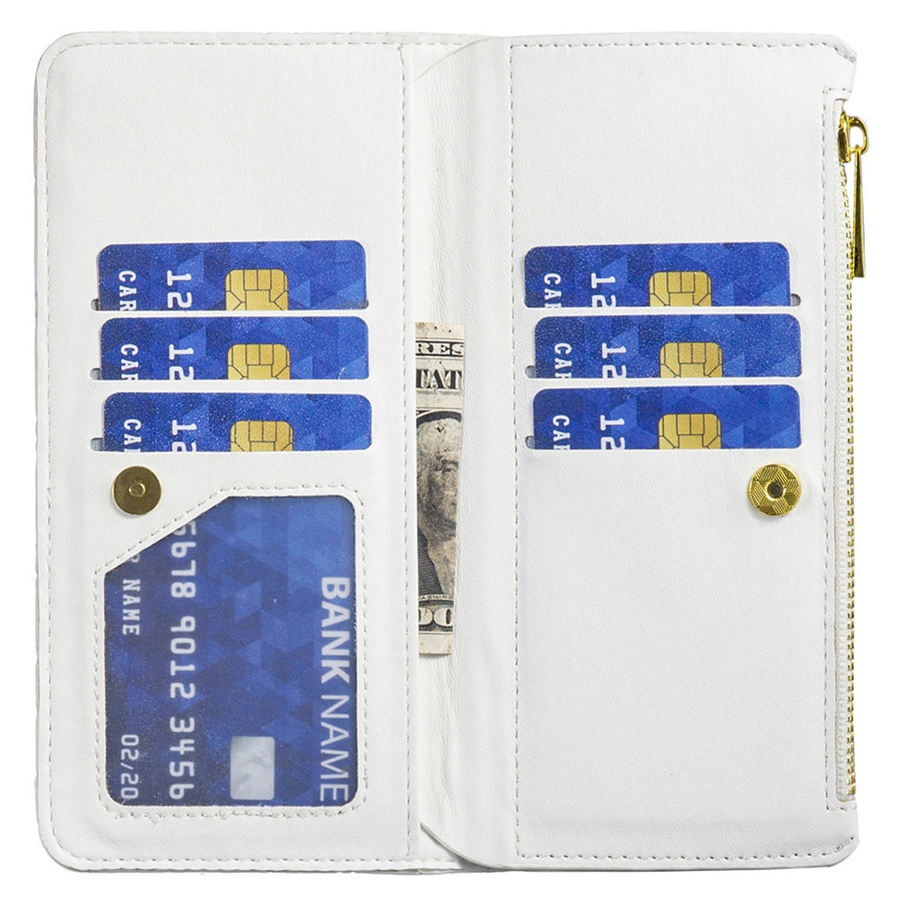 BINFEN COLOR for iPhone 13 Pro 6.1 inch BF Style-15 Cellphone Shell, Imprinted Rhombus Pattern Anti-drop Case with Zipper Pocket Stand Matte PU Leather Wallet Cover