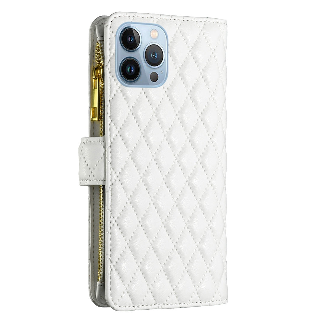 BINFEN COLOR for iPhone 13 Pro 6.1 inch BF Style-15 Cellphone Shell, Imprinted Rhombus Pattern Anti-drop Case with Zipper Pocket Stand Matte PU Leather Wallet Cover
