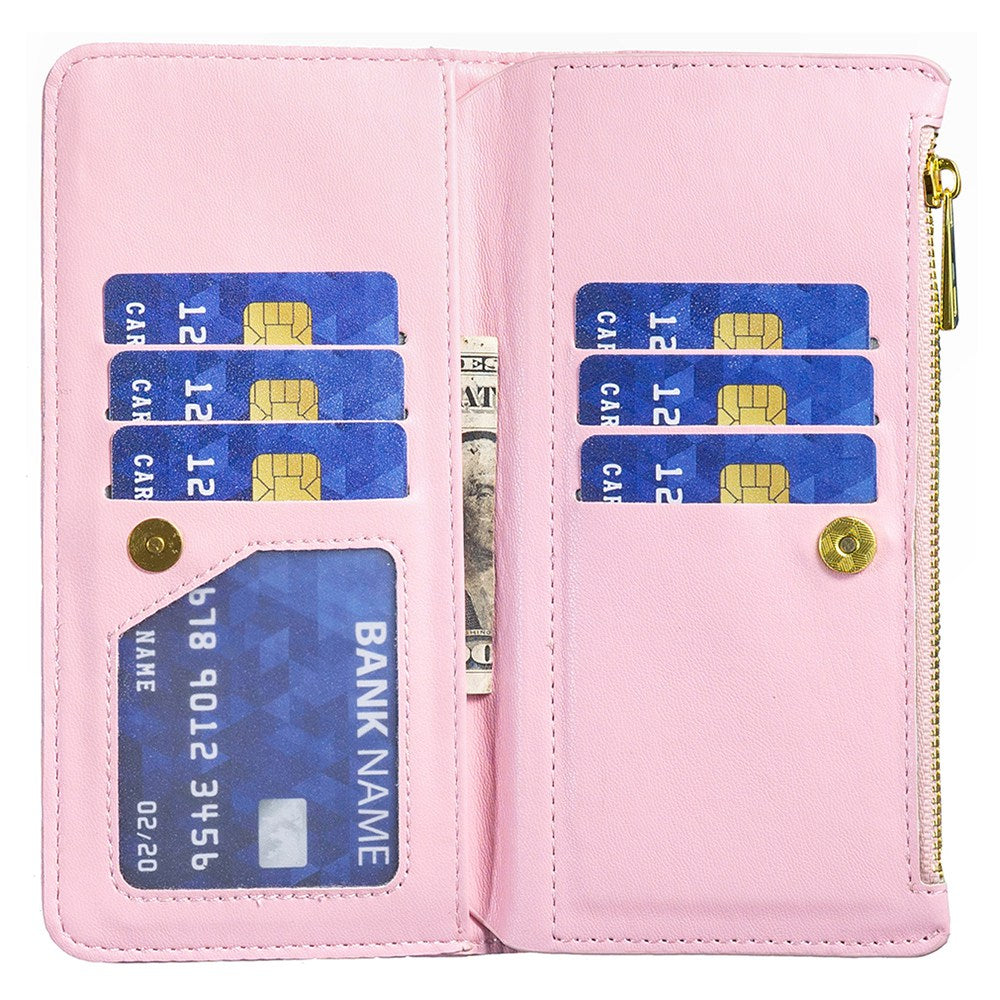 BINFEN COLOR for iPhone 13 Pro 6.1 inch BF Style-15 Cellphone Shell, Imprinted Rhombus Pattern Anti-drop Case with Zipper Pocket Stand Matte PU Leather Wallet Cover
