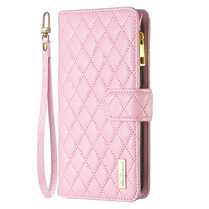 BINFEN COLOR for iPhone 13 Pro 6.1 inch BF Style-15 Cellphone Shell, Imprinted Rhombus Pattern Anti-drop Case with Zipper Pocket Stand Matte PU Leather Wallet Cover
