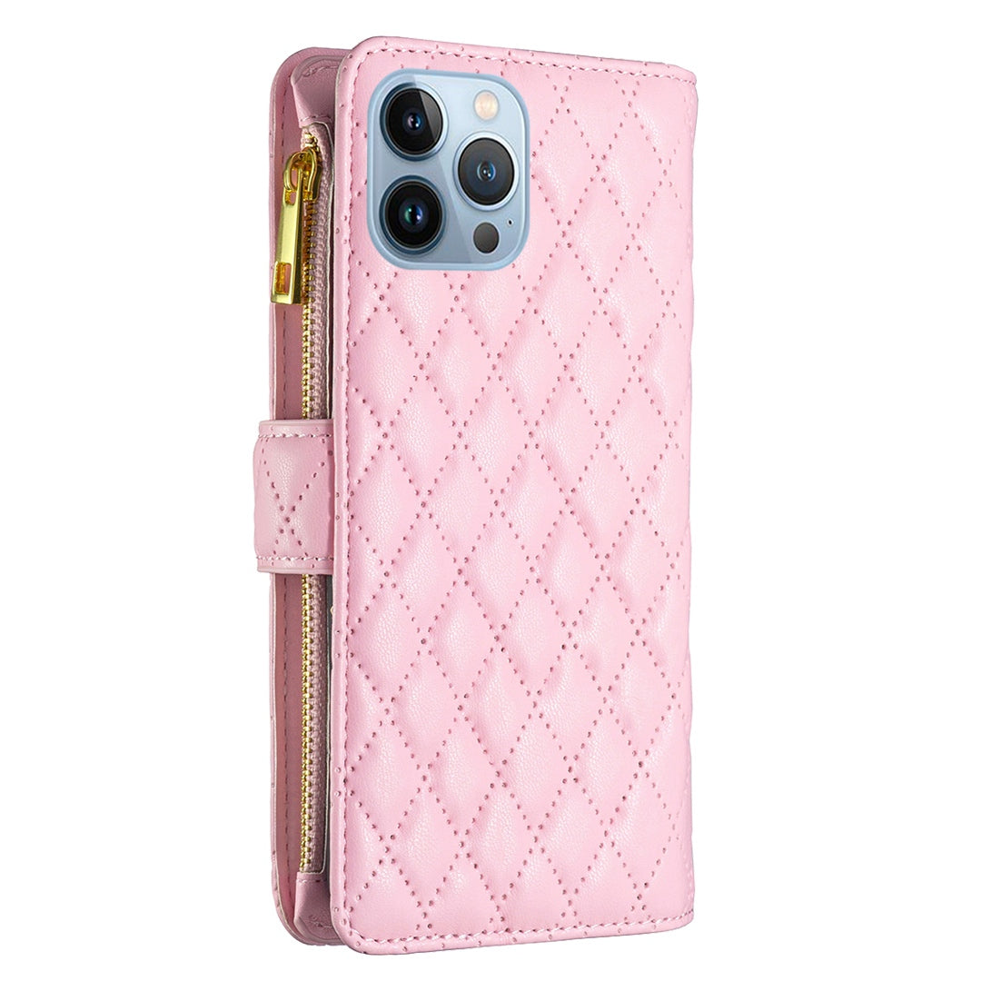 BINFEN COLOR for iPhone 13 Pro 6.1 inch BF Style-15 Cellphone Shell, Imprinted Rhombus Pattern Anti-drop Case with Zipper Pocket Stand Matte PU Leather Wallet Cover