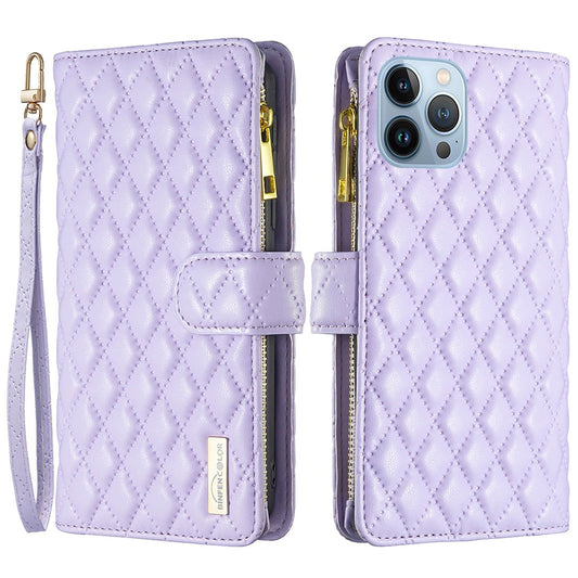 BINFEN COLOR for iPhone 13 Pro 6.1 inch BF Style-15 Cellphone Shell, Imprinted Rhombus Pattern Anti-drop Case with Zipper Pocket Stand Matte PU Leather Wallet Cover