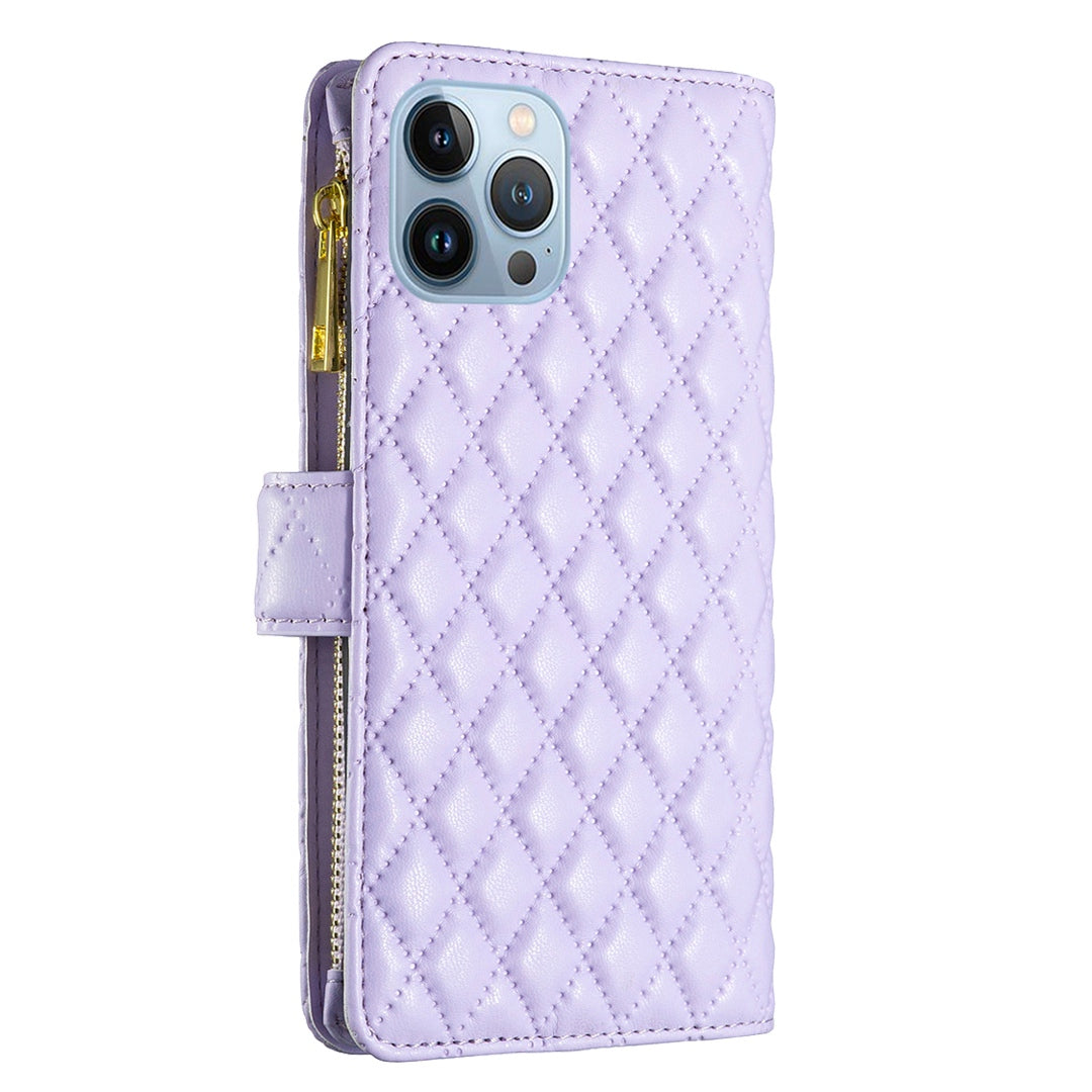 BINFEN COLOR for iPhone 13 Pro 6.1 inch BF Style-15 Cellphone Shell, Imprinted Rhombus Pattern Anti-drop Case with Zipper Pocket Stand Matte PU Leather Wallet Cover