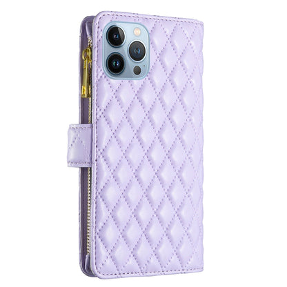 BINFEN COLOR for iPhone 13 Pro 6.1 inch BF Style-15 Cellphone Shell, Imprinted Rhombus Pattern Anti-drop Case with Zipper Pocket Stand Matte PU Leather Wallet Cover