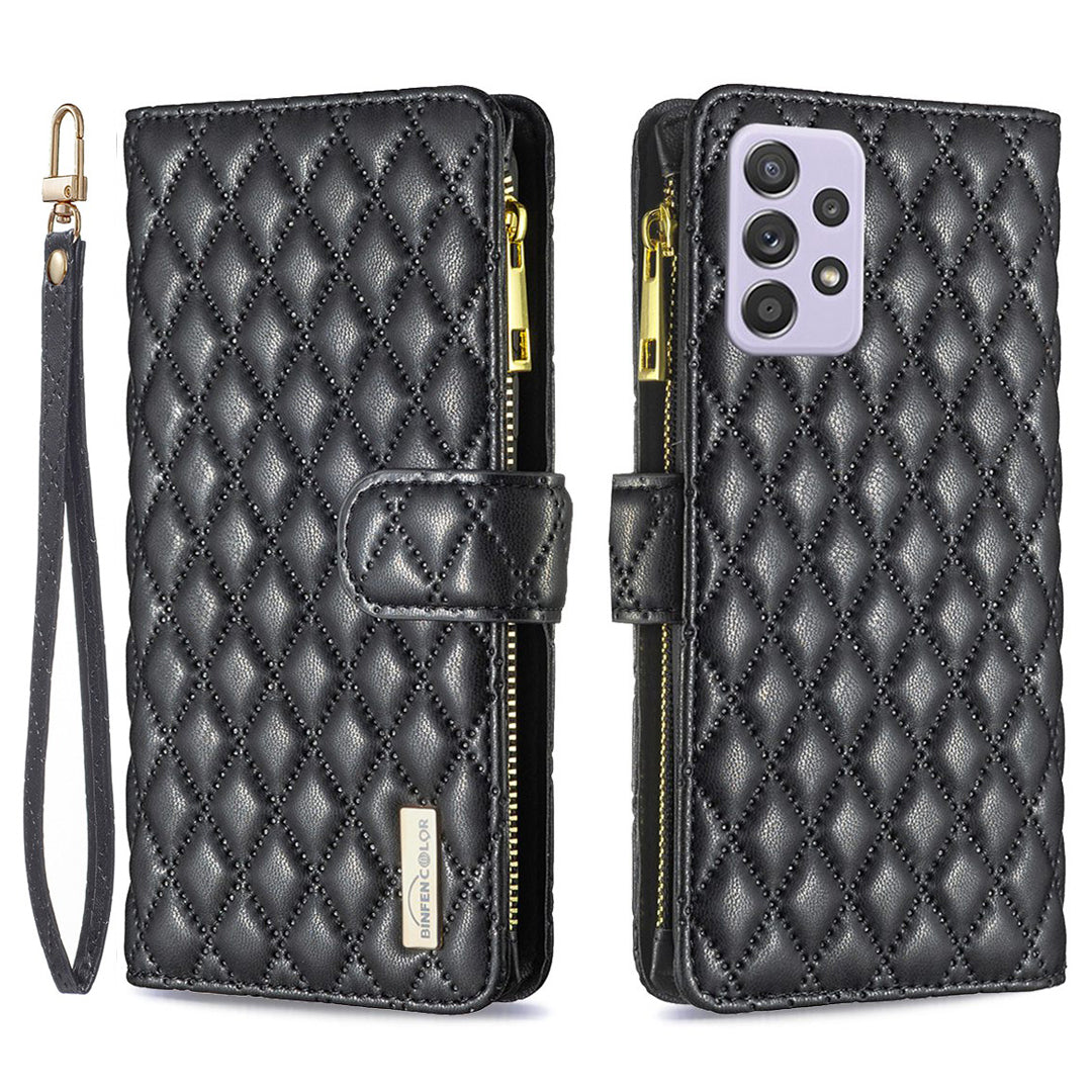 BINFEN COLOR for Samsung Galaxy A52 4G / 5G / A52s 5G BF Style-15 Imprinted Rhombus Pattern Protective Case with Zipper Pocket Stand Matte PU Leather Wallet Cover
