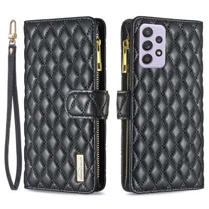 BINFEN COLOR for Samsung Galaxy A52 4G / 5G / A52s 5G BF Style-15 Imprinted Rhombus Pattern Protective Case with Zipper Pocket Stand Matte PU Leather Wallet Cover