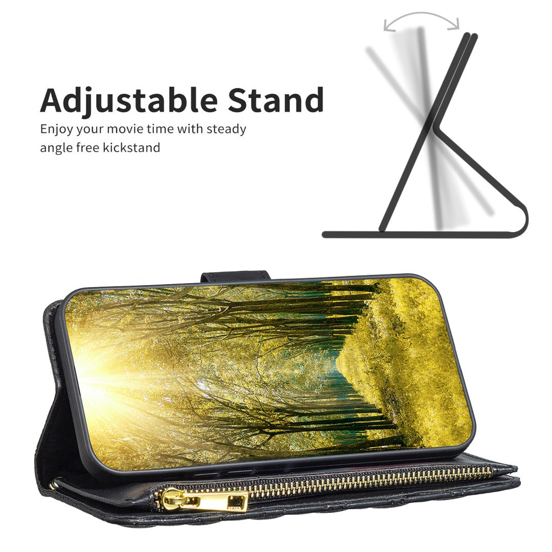 BINFEN COLOR for Samsung Galaxy A52 4G / 5G / A52s 5G BF Style-15 Imprinted Rhombus Pattern Protective Case with Zipper Pocket Stand Matte PU Leather Wallet Cover