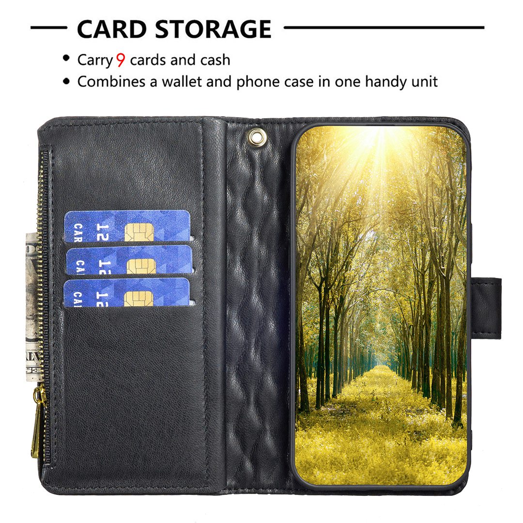 BINFEN COLOR for Samsung Galaxy A52 4G / 5G / A52s 5G BF Style-15 Imprinted Rhombus Pattern Protective Case with Zipper Pocket Stand Matte PU Leather Wallet Cover