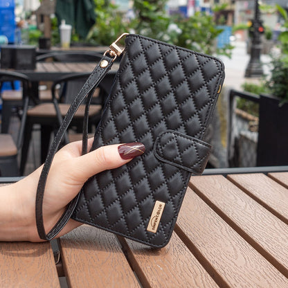 BINFEN COLOR for Samsung Galaxy A52 4G / 5G / A52s 5G BF Style-15 Imprinted Rhombus Pattern Protective Case with Zipper Pocket Stand Matte PU Leather Wallet Cover