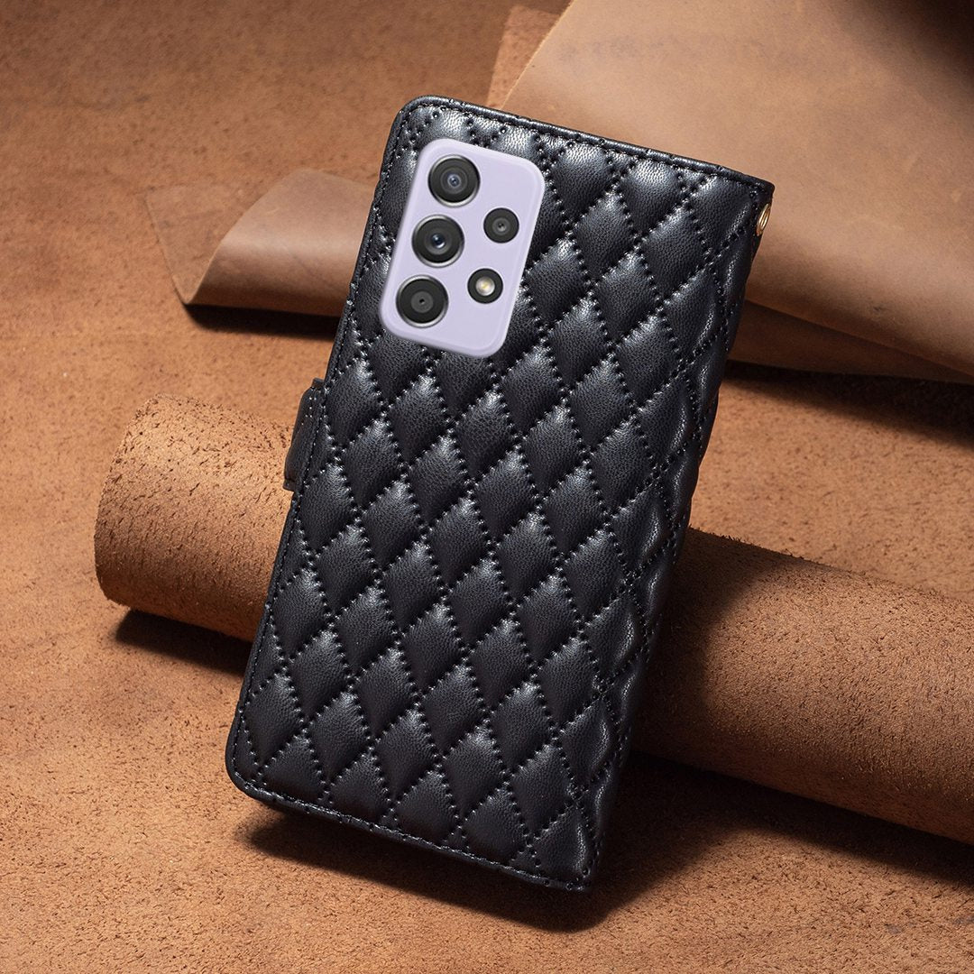 BINFEN COLOR for Samsung Galaxy A52 4G / 5G / A52s 5G BF Style-15 Imprinted Rhombus Pattern Protective Case with Zipper Pocket Stand Matte PU Leather Wallet Cover